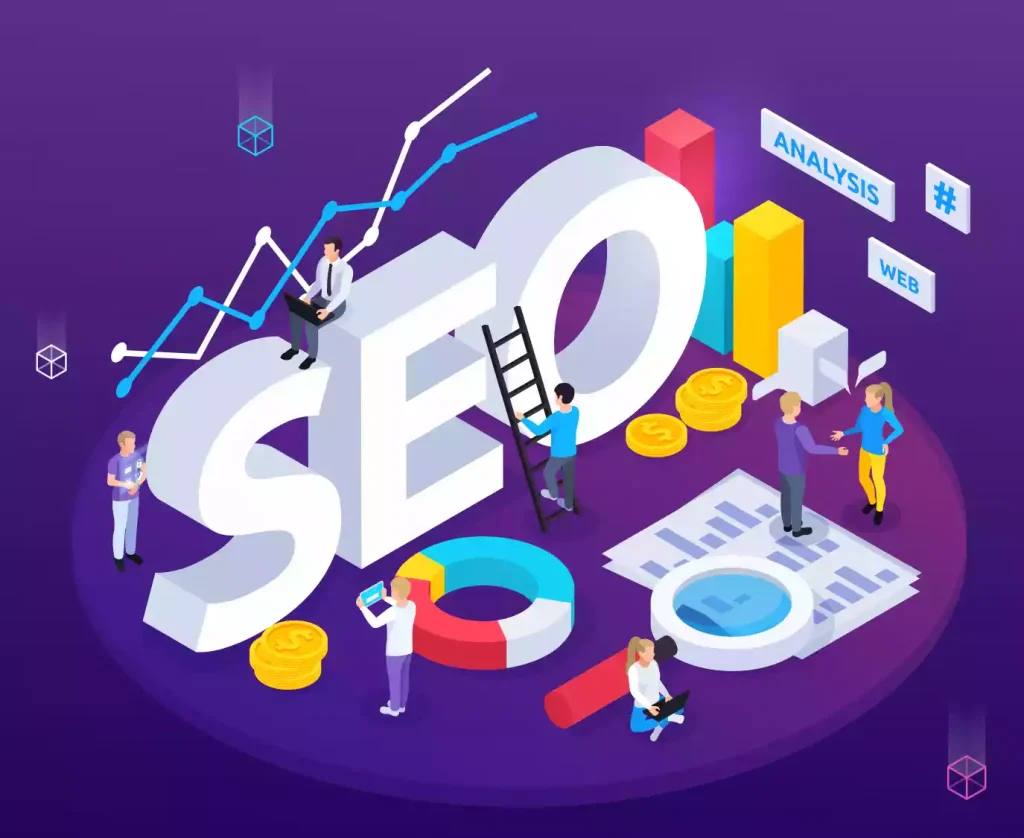 Seo analysis isometric composition with web optimization symbols-small